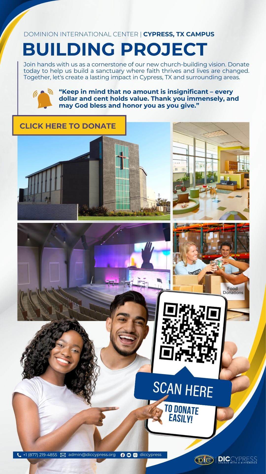 QR code for donating to Dominion International Center Cypress TX campus.
